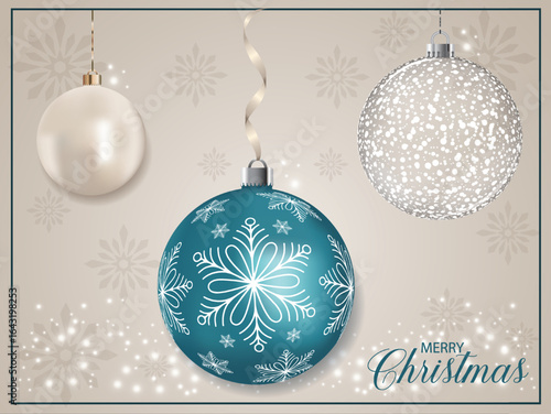 An artistic blue pearly Christmas bauble showcasing a white detailed snowflake design on a background filled with arranged snowflakes.