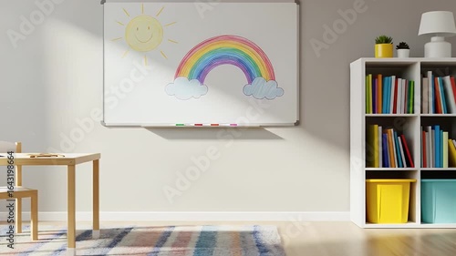 Wallpaper Mural Bright and sunny children's playroom interior with a creative rainbow drawing on a whiteboard and colorful educational books Torontodigital.ca