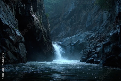 Dark, rocky gorge with waterfall