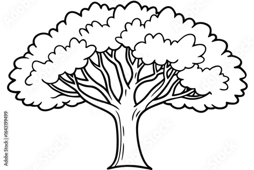 Outlined tree showcases broad branches and fluffy foliage in a stark, black and white composition