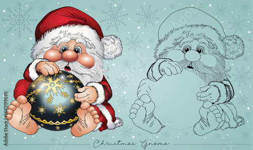 A gnome sitting and holding a Christmas bauble with a star pattern