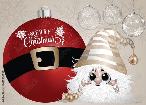 A festive character  stands beside a Christmas ornament displaying "Merry Christmas.