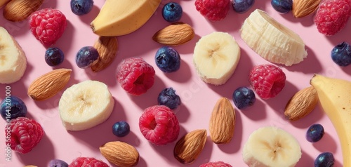 Fototapeta Naklejka Na Ścianę i Meble -  The colorful arrangement of fresh fruits and nuts on a pink background.