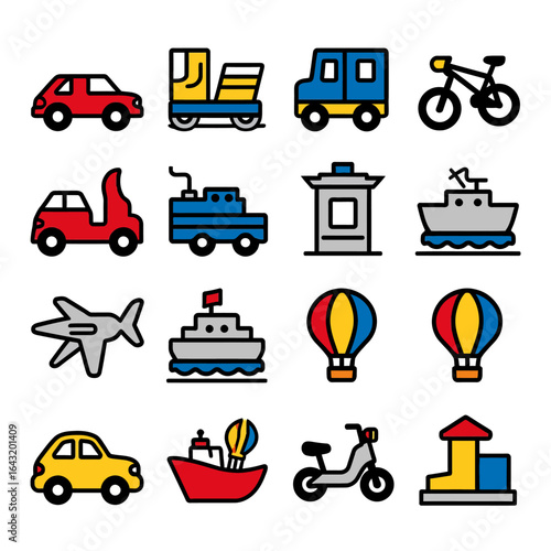 Colorful transportation icons representing travel, movement, and adventure, perfect for design projects