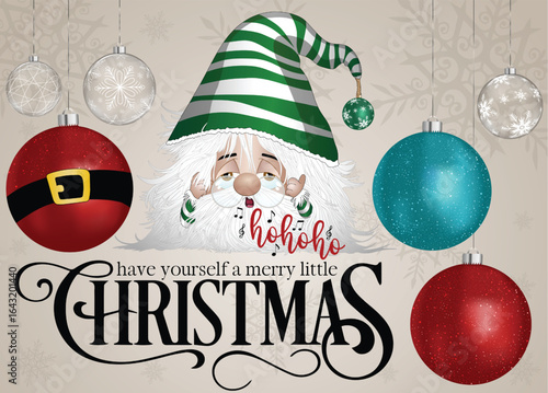A cute character with a green striped hat and Christmas baubles.