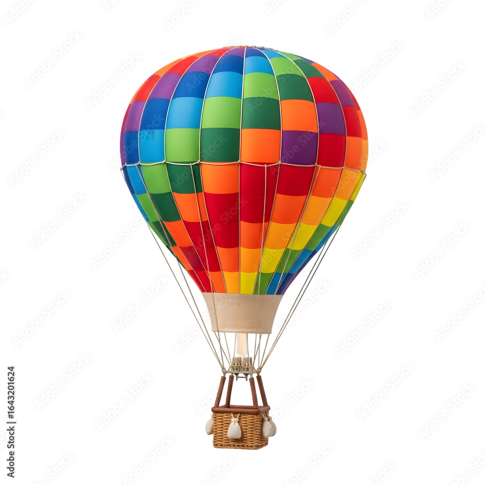 Fototapeta premium Vibrant and colorful hot air balloon with a basket, isolated on transparent background