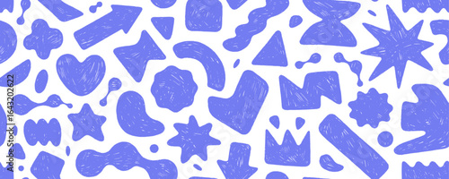 Blue crayon drawn funky rounded geometric shapes seamless banner design. Hand drawn playful y2k forms and figures seamless pattern.