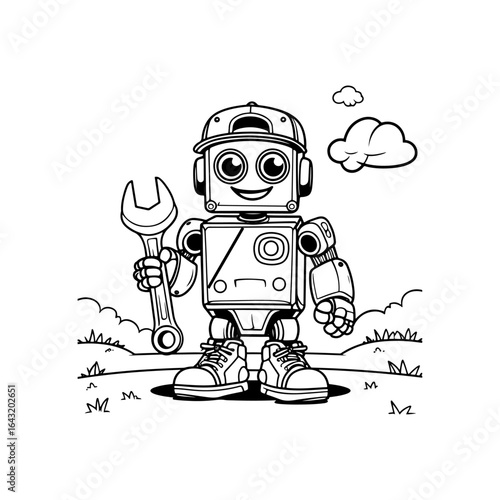 This image is of a small mechanic robot, ready to repair or innovate with its tools. Its simple and attractive pose stimulates children's curiosity about science and technology.