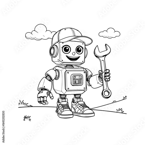 This image is of a small mechanic robot, ready to repair or innovate with its tools. Its simple and attractive pose stimulates children's curiosity about science and technology.