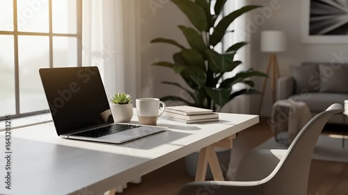 Peaceful home office workspace with laptop and steaming coffee mug in morning sunlight slow pan out reveals cozy remote work setup