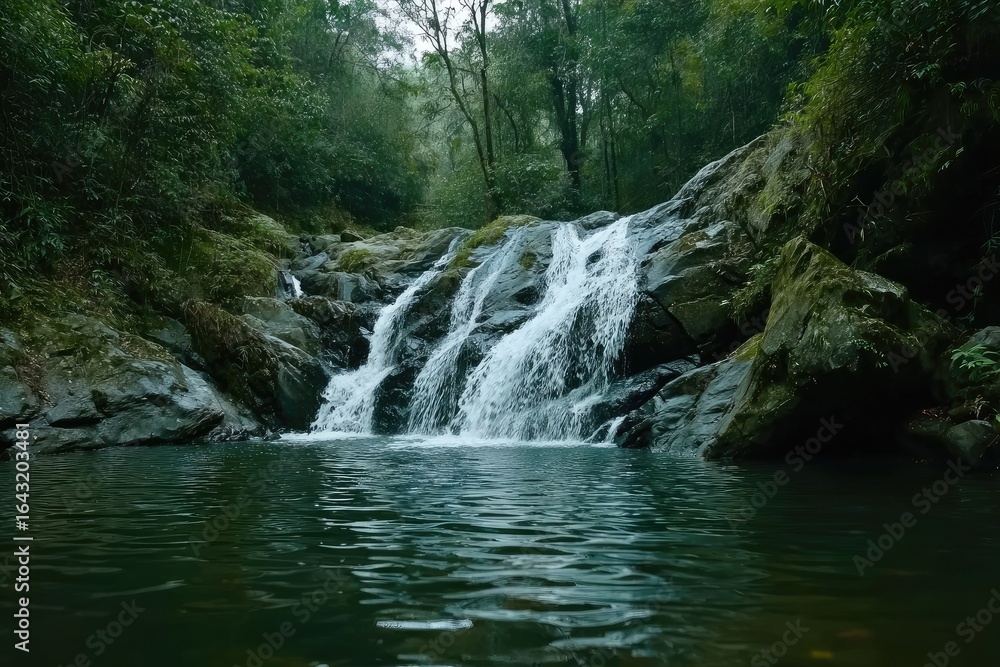 Fototapeta premium Cascading waterfall into a tranquil pool in a lush, green forest