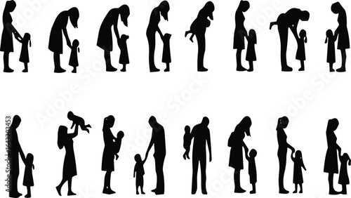 Parent and child silhouettes, bonding moments, emotional connection, nurturing love, family life, growth stages, parenting journey, silhouette art, human connection, childhood memories