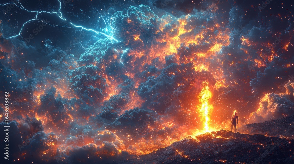 figure stands amidst spectacular cosmic backdrop where vibrant flames and electric lightning illuminate dark turbulent sky. surreal setting evokes sense of awe and power. figure stands amidst spectacular cosmic backdrop where vibrant flames and electric lightning illuminate dark turbulent sky. surreal setting evokes sense of awe and power.