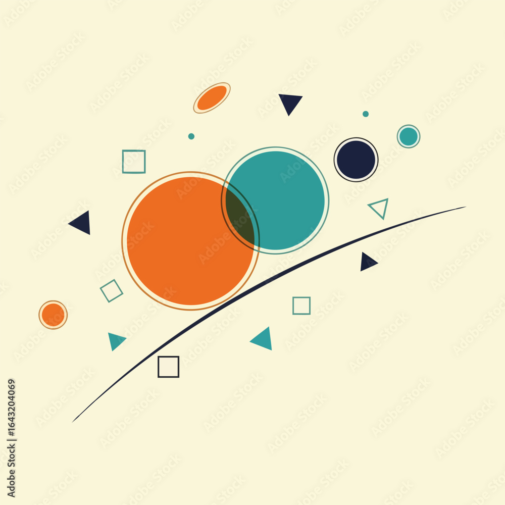 Obraz premium A dynamic abstract composition of colorful geometric shapes including circles, squares, and triangles floating along a curved path.