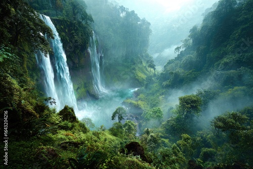 Lush rainforest valley with cascading waterfalls (1)