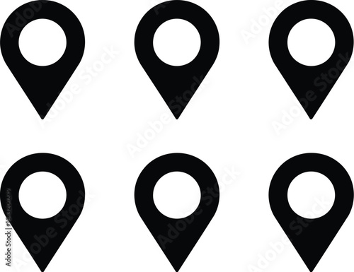 Six black location pin icons