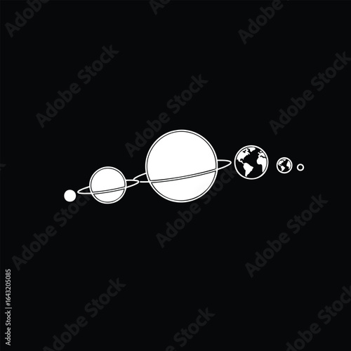 Minimalist white line art illustration of a stylized solar system with planets, including ringed and terrestrial worlds, against a black background.