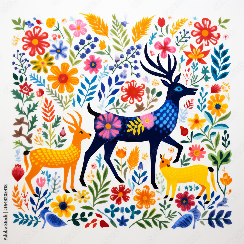 Obraz premium Ornate hand-drawn illustration of wildlife with deer and leaves, background