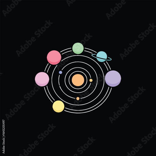 Colorful illustration of a solar system with planets orbiting a central sun, set against a black background.