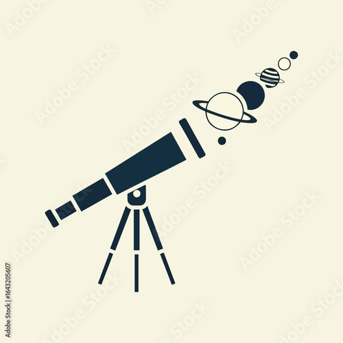 A stylized illustration of a telescope observing planets in the solar system, a concept.