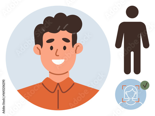 Smiling man in profile picture with user verification icon and silhouette figure outline. Ideal for identity, profile creation, access, authentication, personal data, security, and approval concepts