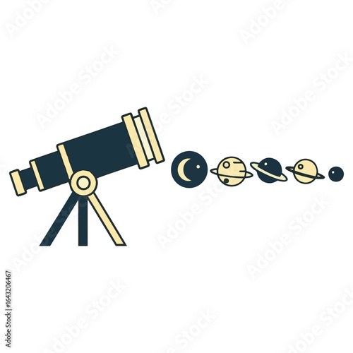 A vintage telescope focuses on a simplified solar system, planets aligned, celestial observation.
