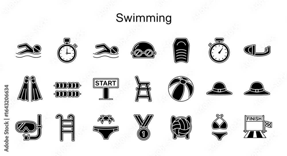 Fototapeta premium Solid Black Swimming Icons: Water, Sport, and Summer Concepts