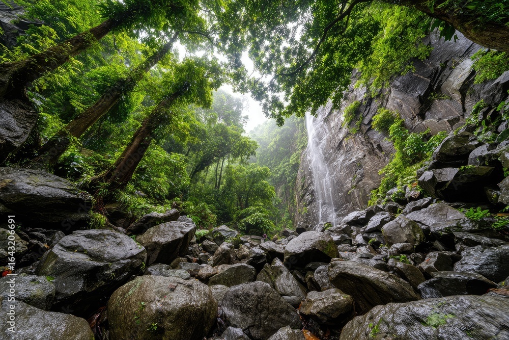 Obraz premium Lush rainforest waterfall cascading down a rocky cliff face