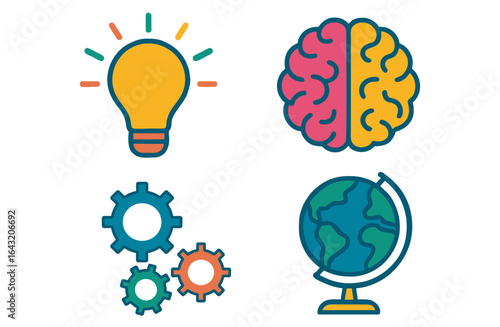 Colorful vector set of education symbols – light bulb, brain, gears, globe on white background
