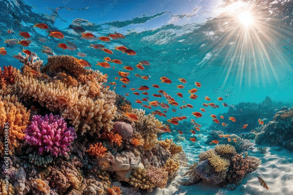 Obraz premium Vibrant coral reef teeming with fish, sunbeams pierce the surface