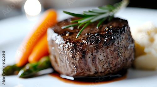 Juicy grilled beef tenderloin steak with fresh rosemary garnish, glazed baby carrots and asparagus served with sauce reduction on white plate, macro food photography.