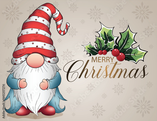 A gnome in a red-striped hat stands next to a Christmas decoration displaying a festive greeting.