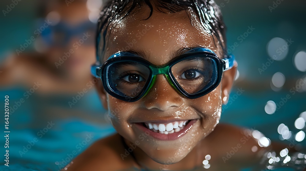 Fototapeta premium Young African American child wearing blue swimming goggles smiles brightly in pool water with sparkling droplets and bokeh lighting effects in background.