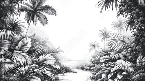 Fototapeta Naklejka Na Ścianę i Meble -  Jungle Path, Gray Scale, Tropical Scene, Peaceful Setting, Illustration