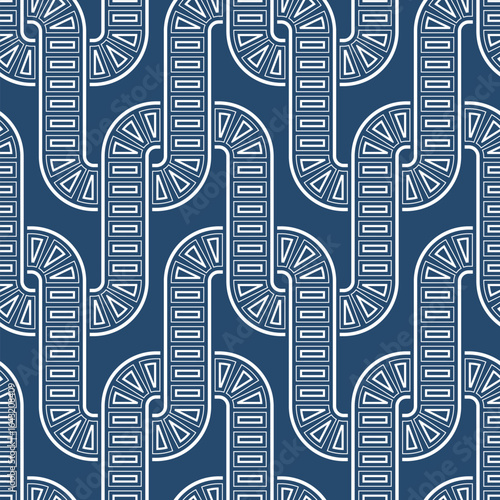 Seamless geometric pattern with a decorative mesh of interlaced decorated white lines on a blue background. Contemporary ethnic style. Monochrome retro design. Abstract vector illustration.