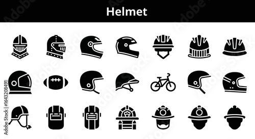 Solid Black Helmet Icons: Safety, Protection, and Construction Concepts