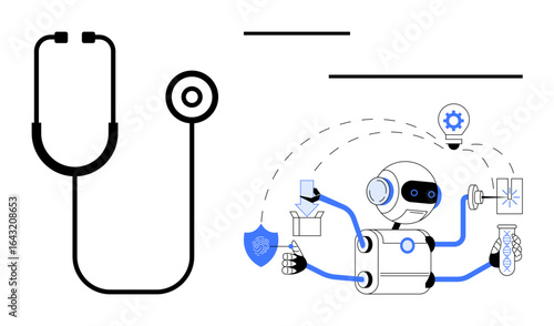 Stethoscope paired with a robot performing medical tasks, emphasizing innovation and healthcare. Ideal for AI in healthcare, robotics, automation, diagnostics, future medicine, technology