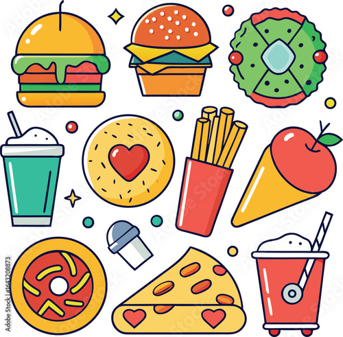 Colorful fast food and dessert icons set with cartoon illustrations of hamburgers, pizza, donuts, and sweets