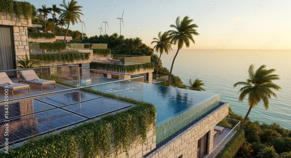 Fototapeta premium Aerial view of a luxury villa with an infinity pool overlooking the ocean and palm trees at sunset