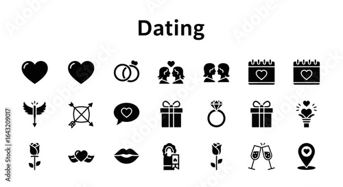 Solid Black Dating Icons: Love, Romance, and Relationship Concepts