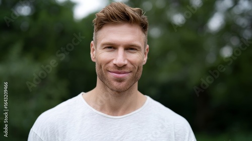 A serene Caucasian man smiles amidst lush greenery, embodying mindfulness and tranquility reminiscent of World Peace Day and Earth Day