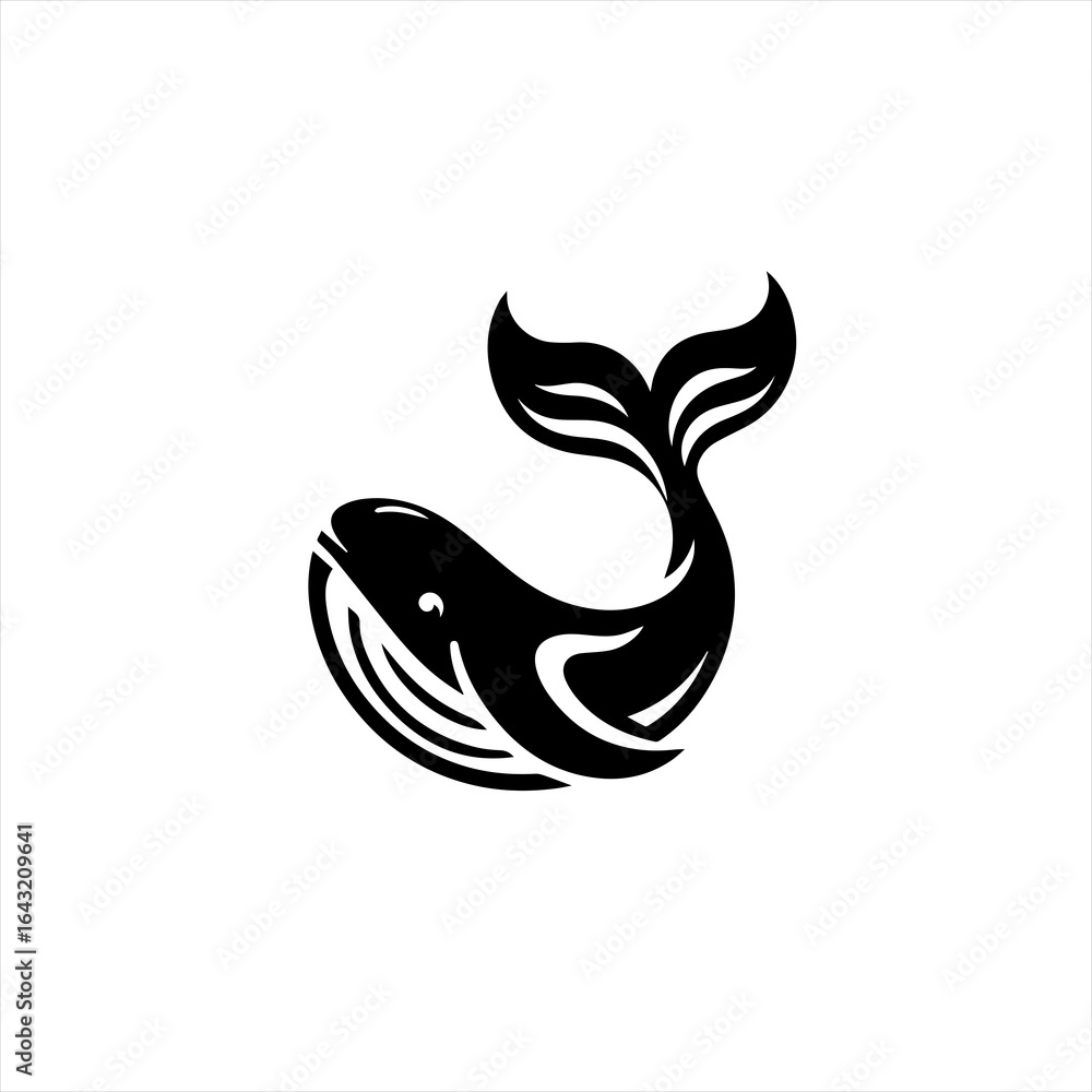 Fototapeta premium Stylized black whale silhouette with a flowing tail on a white background