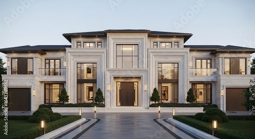 Luxurious modern villa with clean lines and symmetrical design in a serene environment