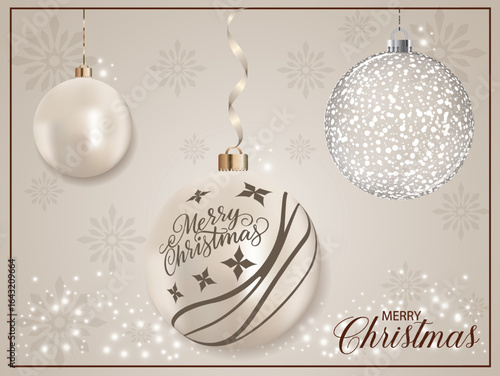 A pearly Christmas tree ornament with a Merry Christmas message and a pattern design, set against a background of scattered snowflakes.