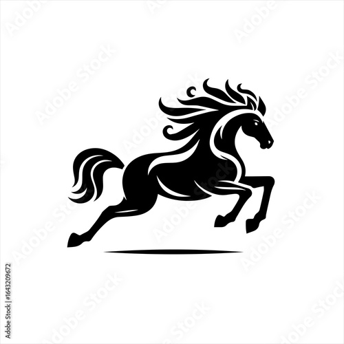 Stylized black horse silhouette leaping forward