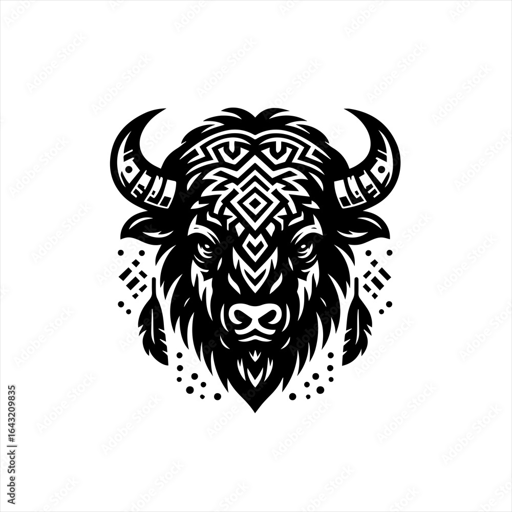 Fototapeta premium Stylized bison head with native american inspired patterns and feathers
