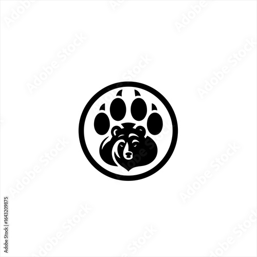 Stylized black bear head with paw print inside a circle logo