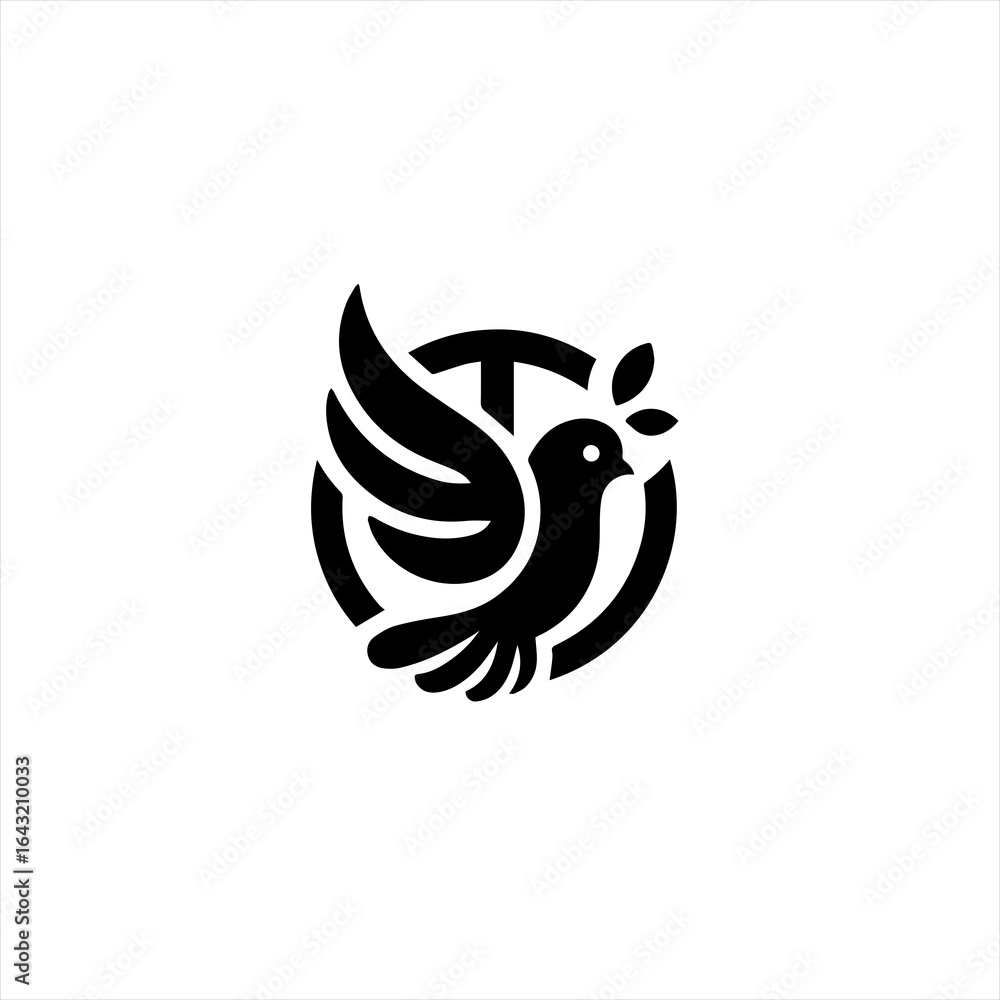 Obraz premium Stylized black dove with olive branch inside a circle logo