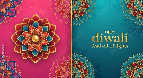 Celebrating the Festival of Lights A Radiant Diwali Card with Intricate Floral Designs Vibrant Colors and Golden Accents