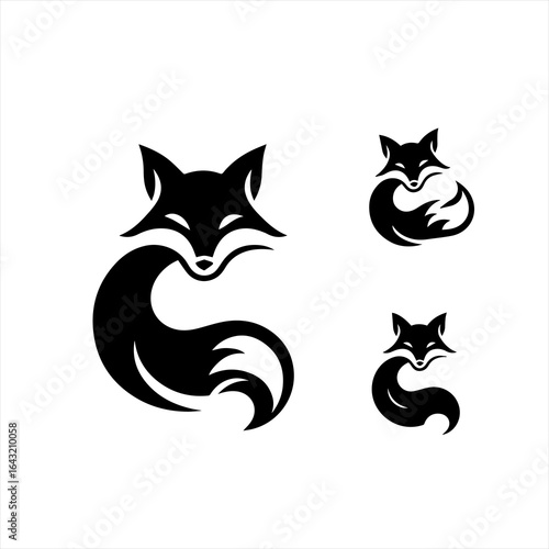 Set of stylized black fox logos on white background